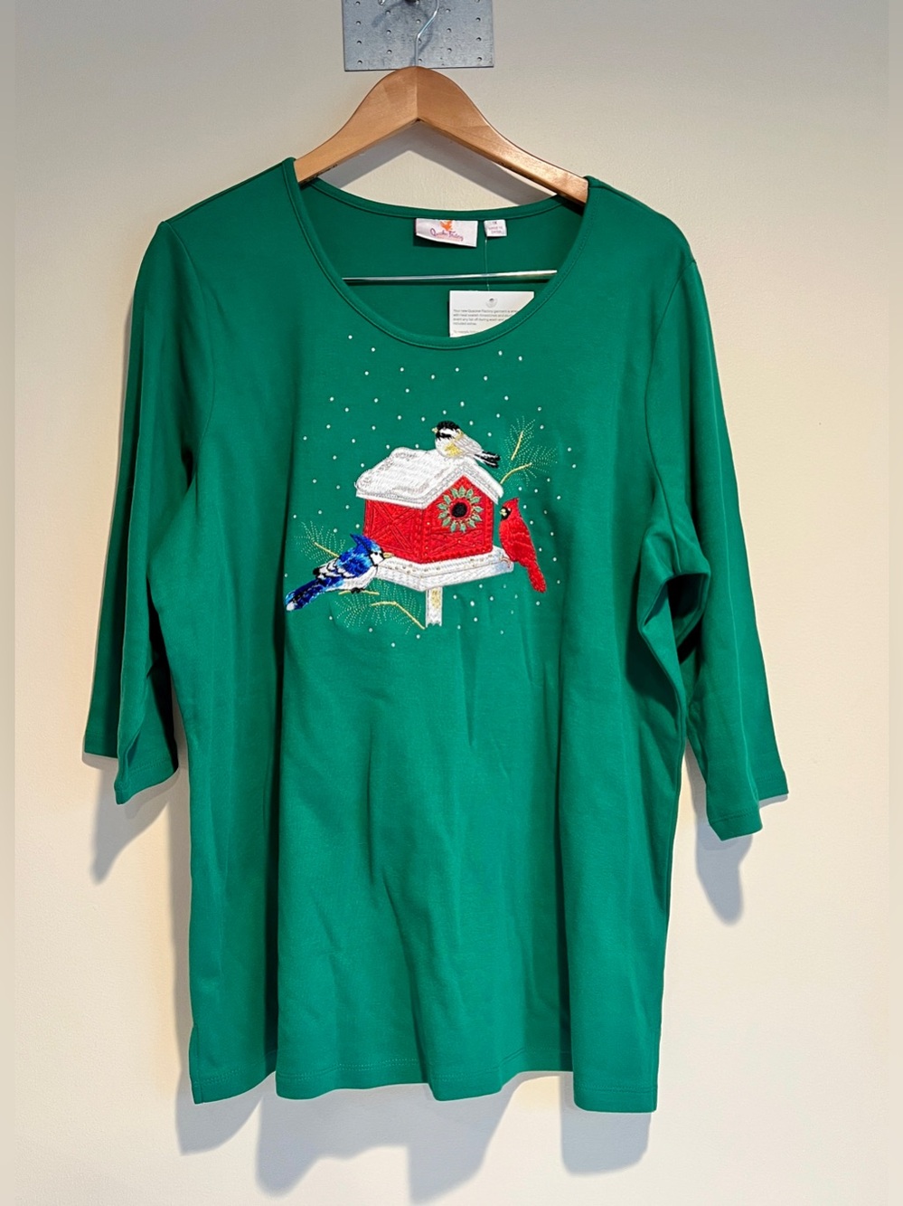 Quacker Factory Green Rhinestone Birdhouse 3/4 Sleeve Top Sz 1X Christmas NTW